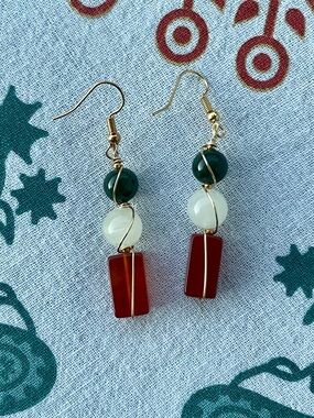 Handcrafted Gemstone Drop Earrings Gold Tone Wire Wrapped Green & Orange